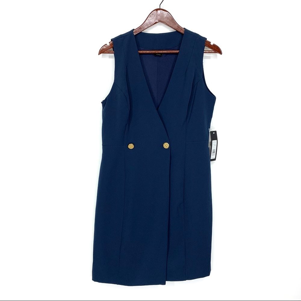 Bebe Navy Blue Sleeveless V-Neck Mini Dress W/ Gold Buttons New Nwt Size Small